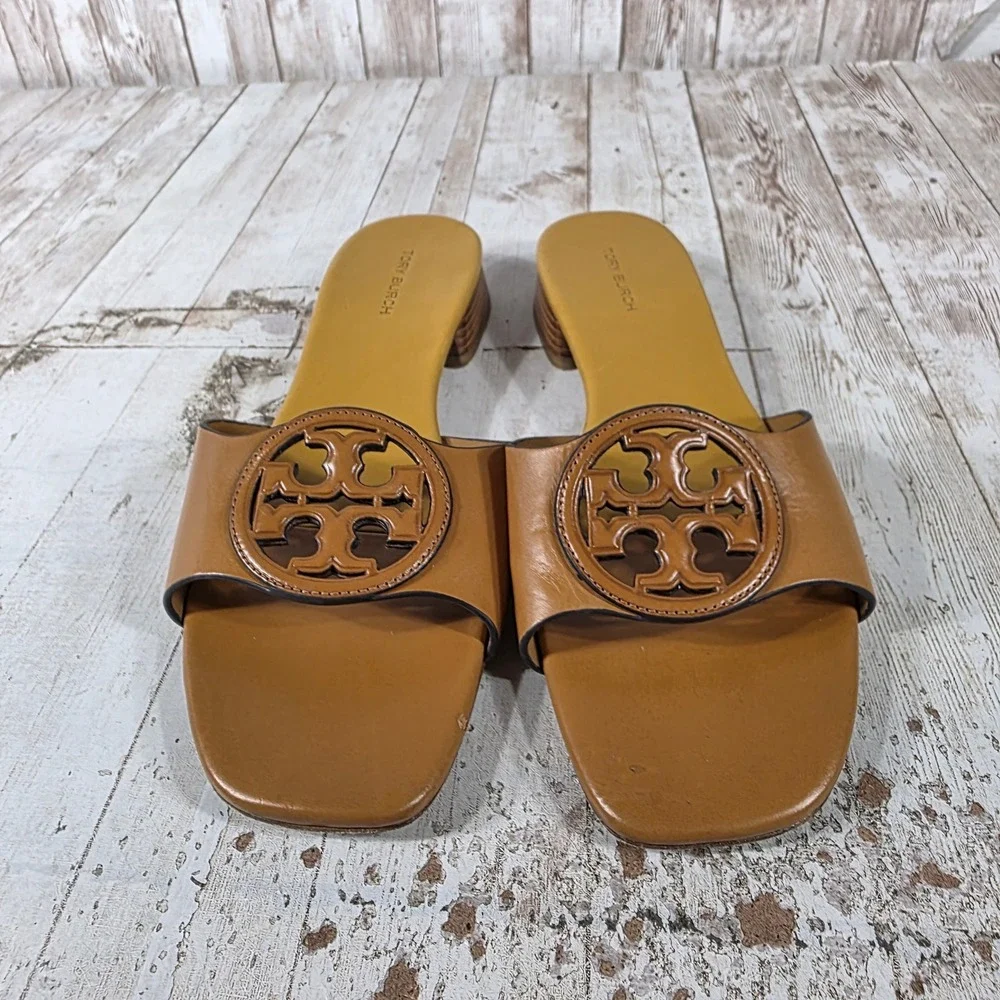 Tory Burch Miller 35mm Tan Leather Block Heel Slide Sandals 7.5M Square Toe